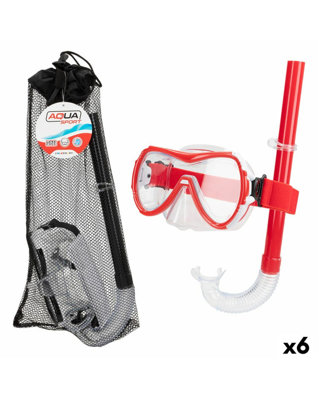 Set of six AquaSport kids' snorkel masks and snorkel tubes in black and red, suitable for water sports and outdoor swimming.