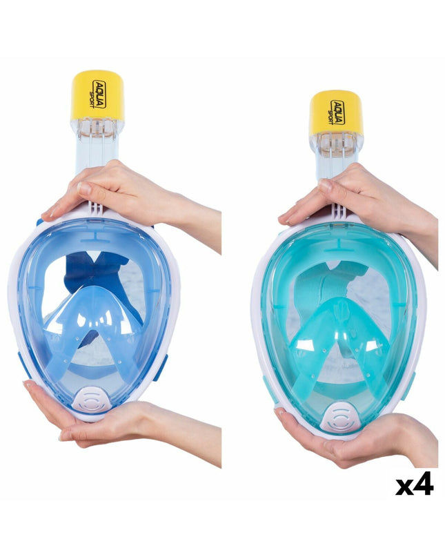 Blue turquoise AquaSport snorkel masks with camera support, set of four, designed for watersport and outdoor aquatic activities.