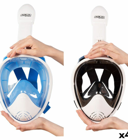 AquaSport snorkel mask with camera support, blue and white, shown in a set of four water sport and outdoor gear images.
