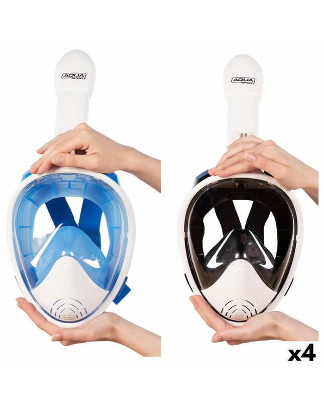 AquaSport snorkel mask with camera support, blue and white, shown in a set of four water sport and outdoor gear images.