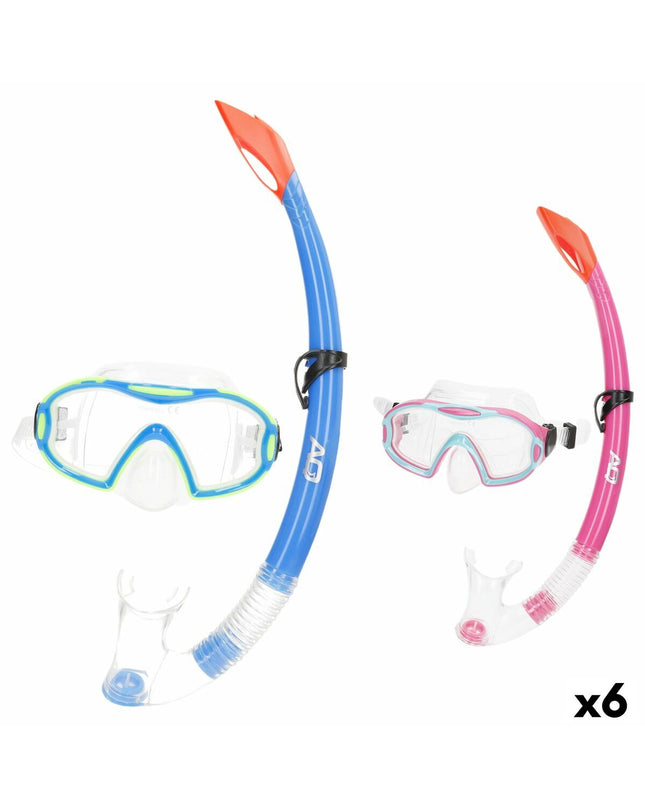 Set of six AquaSport children's snorkel masks and snorkels in blue and pink, designed for water sports and outdoor swimming activities.