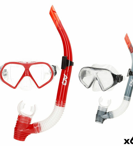 Set of six AquaSport kids' snorkel masks and snorkel tubes in red and gray, designed for outdoor water sports.
