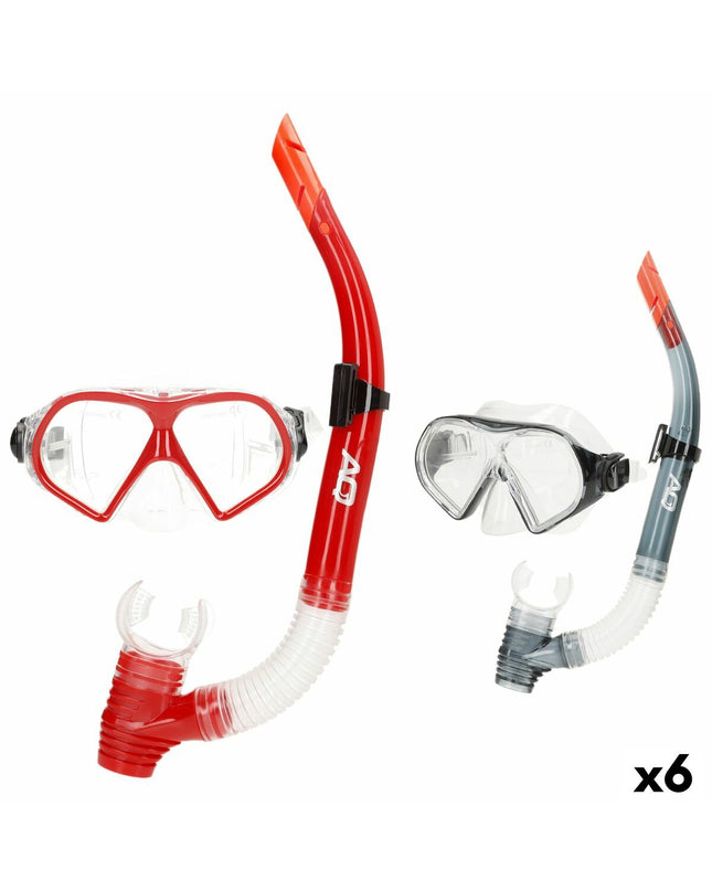 Set of six AquaSport kids' snorkel masks and snorkel tubes in red and gray, designed for outdoor water sports.