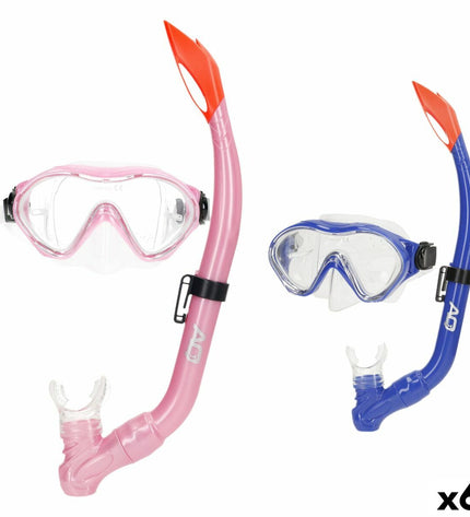 Set of six AquaSport children's snorkel masks and snorkel tubes in blue and pink for water sports and outdoor activities.