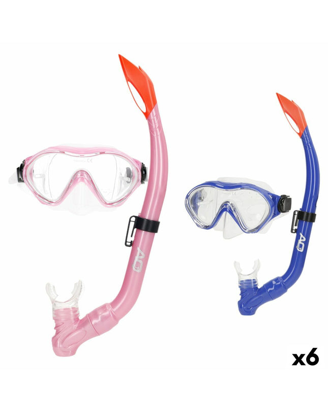Set of six AquaSport children's snorkel masks and snorkel tubes in blue and pink for water sports and outdoor activities.