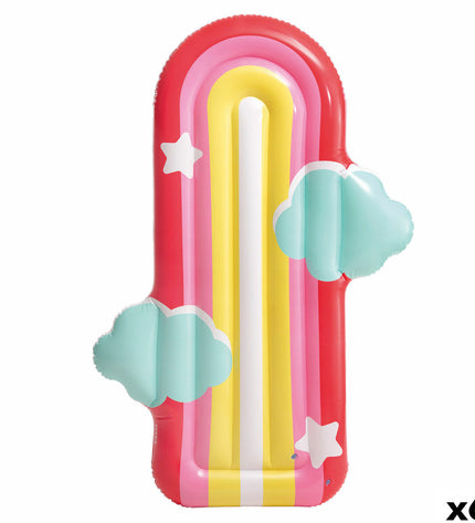 Six multicolored inflatable rainbow mattresses by Intex, 183 x 132 cm, suitable for outdoor play and relaxation.
