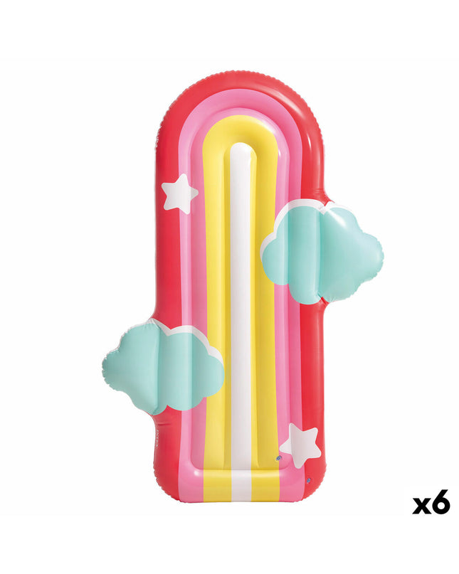 Six multicolored inflatable rainbow mattresses by Intex, 183 x 132 cm, suitable for outdoor play and relaxation.