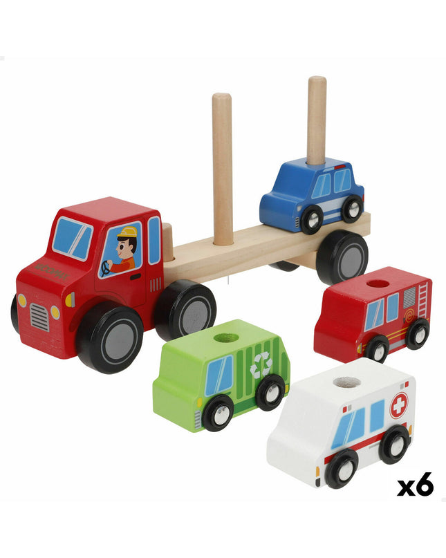 Set of six BigBuy Kids toy autotransporters and wagons, 25 x 13 x 6 cm, colorful vehicle toys for kids.