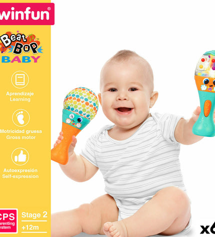 Set of six Winfun musical toys for babies, colorful and compact, measuring 7x17x7 cm each, designed for young children’s play.