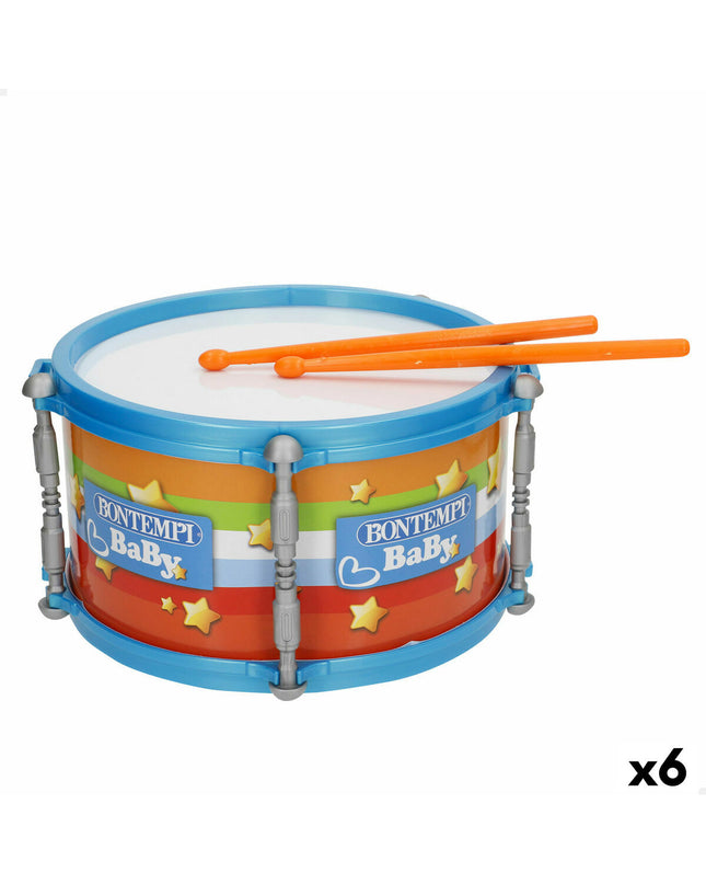 Set of six Bontempi baby drums, 24x13x24 cm, colorful percussion toys for young children, suitable for early musical play.