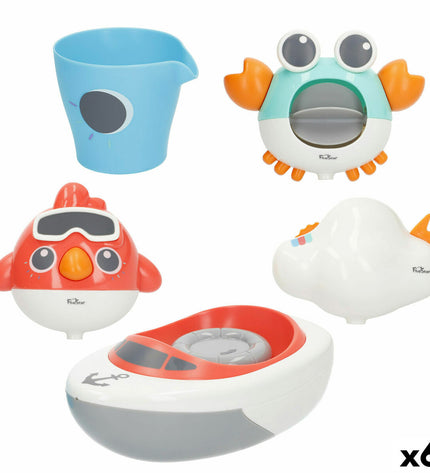 Set of six Colorbaby bath toys shaped like kitchen and house items, colorful plastic toys for children’s bath fun.