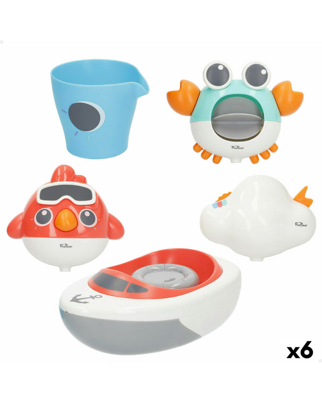 Set of six Colorbaby bath toys shaped like kitchen and house items, colorful plastic toys for children’s bath fun.