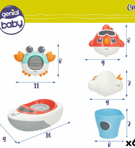 Colorbaby bath toy set with six colorful plastic toys, each measuring 16 x 6.5 x 9 cm, designed for bath time fun.