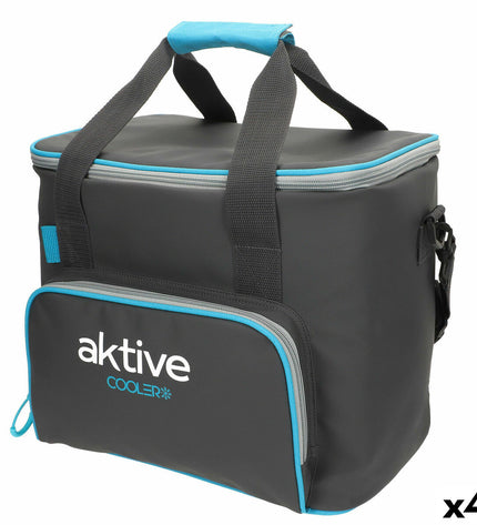 Set of four Aktive 20L black polyester cooler boxes with PEVA foam insulation, ideal for camping and outdoor activities.