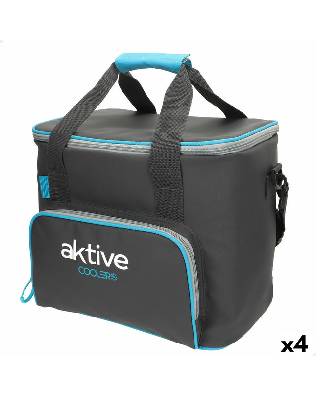 Set of four Aktive 20L black polyester cooler boxes with PEVA foam insulation, ideal for camping and outdoor activities.