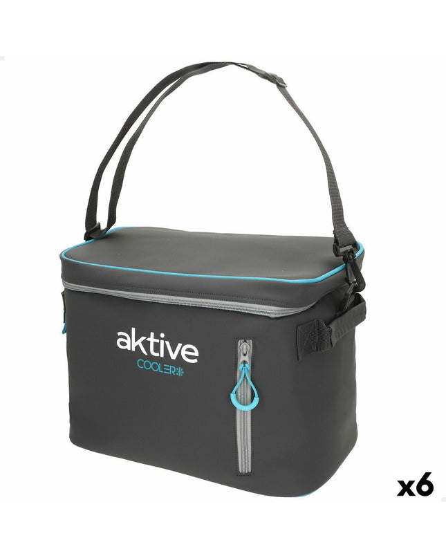 Six Aktive black polyester cooler boxes with PEVA foam insulation, measuring 34x26x21 cm, ideal for camping and outdoor activities.