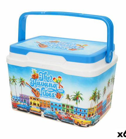 Six blue Aktive portable hard coolers, 5L capacity, made of plastic, ideal for outdoor camping and hiking, dimensions 28x19x21 cm.
