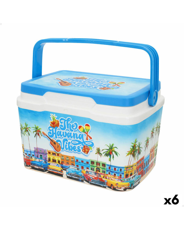 Six blue Aktive portable hard coolers, 5L capacity, made of plastic, ideal for outdoor camping and hiking, dimensions 28x19x21 cm.