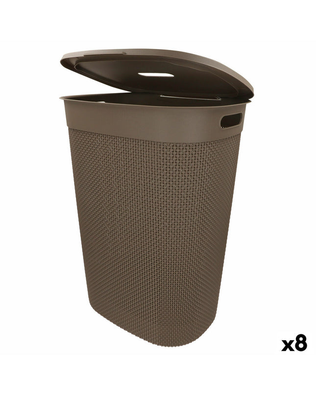 Set of eight brown Curver plastic laundry baskets, 55L capacity, measuring 44x61x35 cm for home organization and storage.