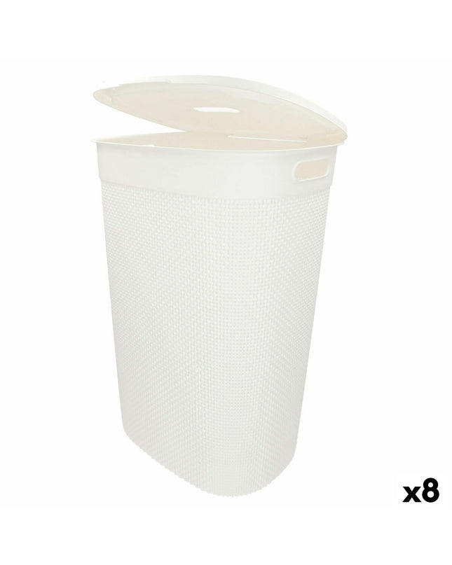 Set of eight Curver white plastic laundry baskets, 55L capacity, with handles, measuring 44x61x35 cm, for home storage and organization.