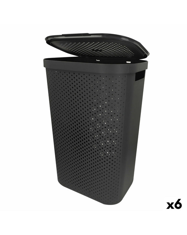 Six grey Curver Infinity plastic laundry baskets, 60L capacity, 44x60x35cm, designed for home storage and organization.