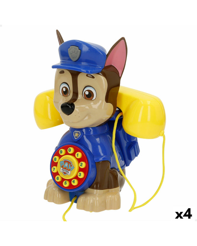 Four Paw Patrol toy phones in bright colors, measuring 16x18x11 cm, ideal for pretend play and imiteerspelletjes.