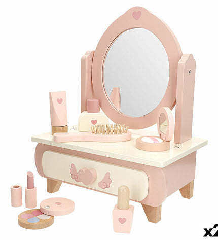 Woomax speelgoed kaptafel set with two imitation vanity tables for kids, featuring mirrors and accessories for imaginative play.