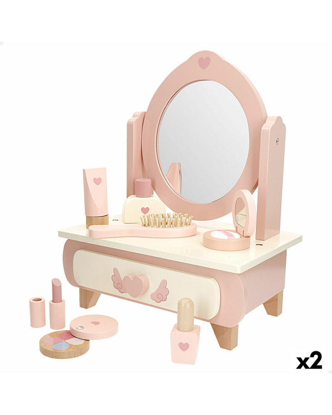 Woomax speelgoed kaptafel set with two imitation vanity tables for kids, featuring mirrors and accessories for imaginative play.