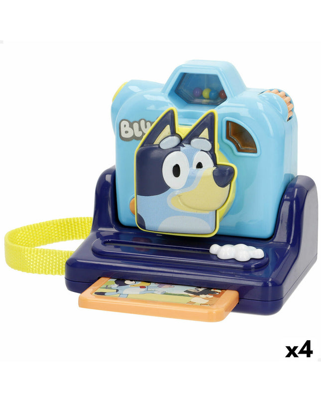 Bluey toy cameras set with four blue electronic toy cameras featuring playful design, ideal for children's imaginative play.