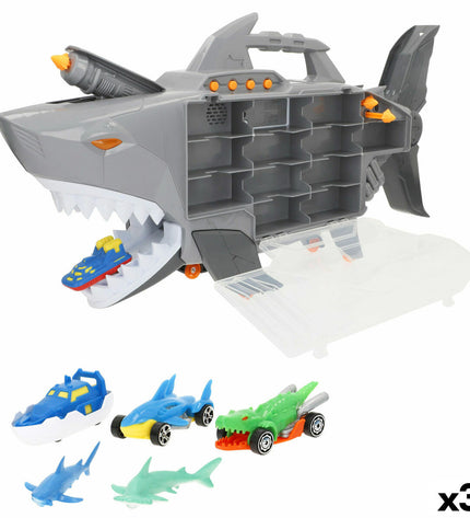 Teamsterz vehicle playset featuring three shark-themed toy vehicles for children, ideal for imaginative play and vehicle enthusiasts.