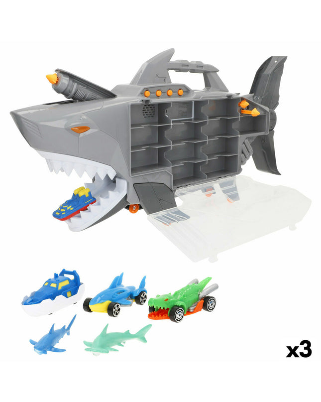 Teamsterz vehicle playset featuring three shark-themed toy vehicles for children, ideal for imaginative play and vehicle enthusiasts.