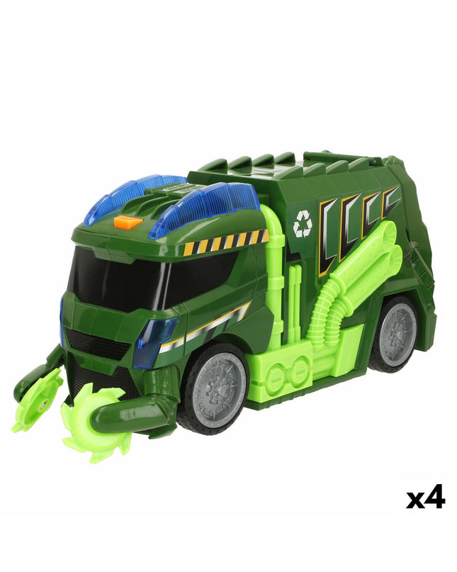 Set of four Teamsterz toy garbage trucks, colorful plastic vehicles for kids' play, part of the Teamsterz vehicle toy collection.