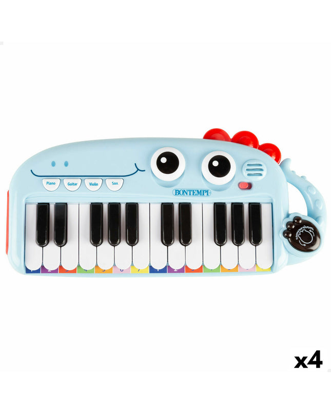 Set of four Bontempi kids' musical dinosaur toys, colorful plastic instruments for educational play and music activities.