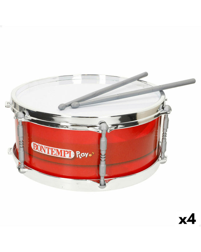 Four red Bontempi plastic drums, 31x15x31 cm, children's musical toy percussion instruments with colorful design.