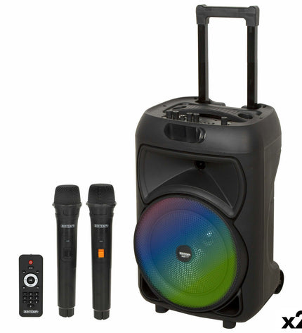 Pair of Bontempi electronic toy speakers with karaoke microphones, colorful and designed for kids' play and singing activities.