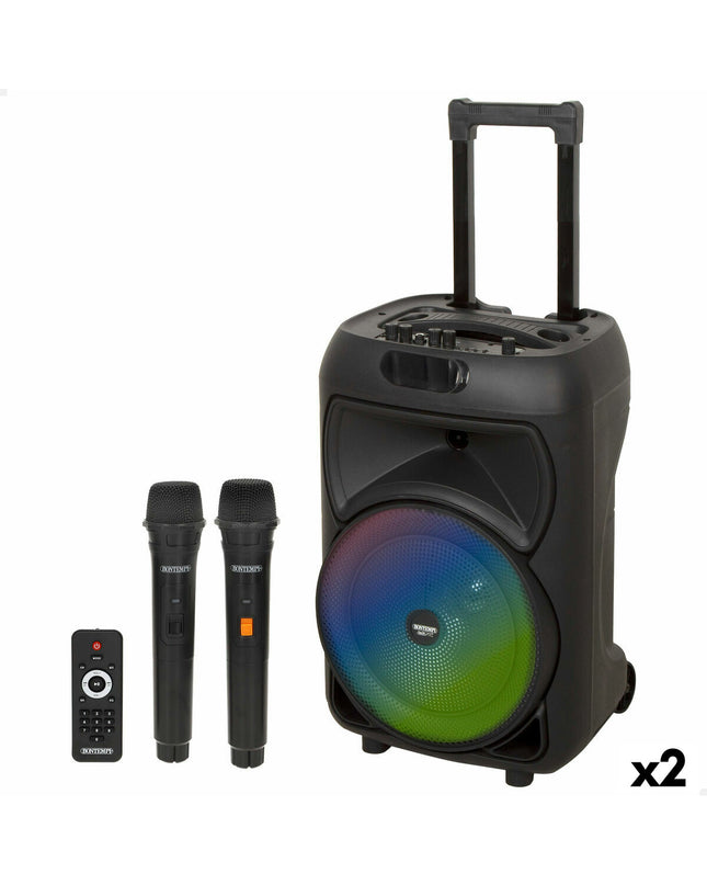 Pair of Bontempi electronic toy speakers with karaoke microphones, colorful and designed for kids' play and singing activities.