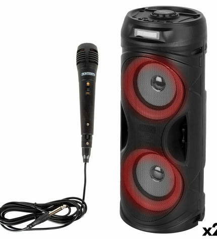 Pair of Bontempi electronic toys featuring speakers and karaoke microphones, colorful, playful design for kids' entertainment.