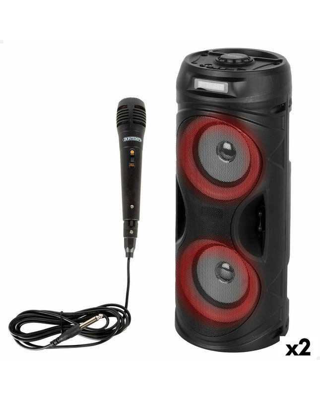 Pair of Bontempi electronic toys featuring speakers and karaoke microphones, colorful, playful design for kids' entertainment.