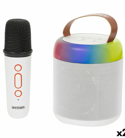 Bontempi karaoke microphone and speaker set for children, featuring colorful toy electronic entertainment with two units.