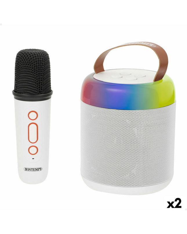 Bontempi karaoke microphone and speaker set for children, featuring colorful toy electronic entertainment with two units.