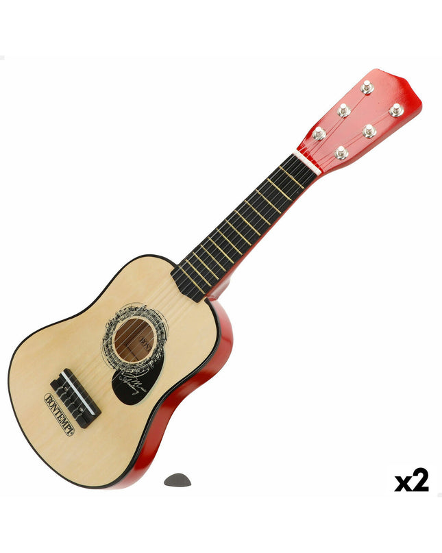 Pair of Bontempi children's toy guitars, 19x55x6 cm, colorful plastic musical instruments for kids to play and learn music.