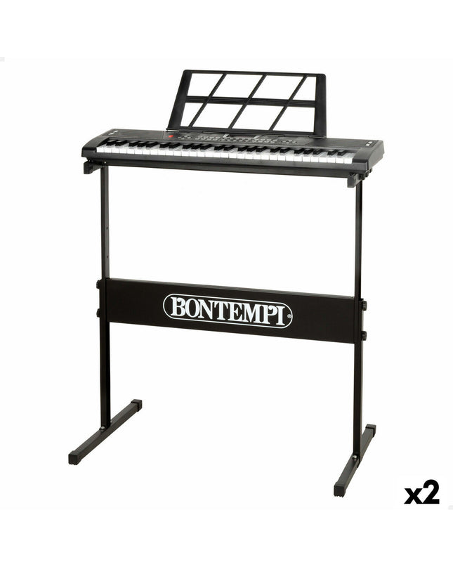 Two Bontempi electronic toy pianos with colorful keys, compact size perfect for children's musical play and learning.
