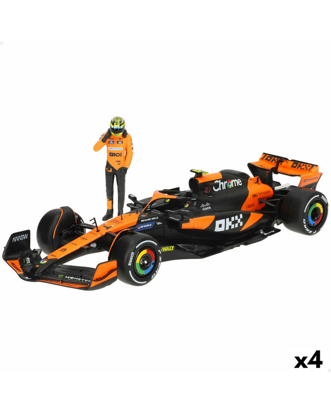 Set of four McLaren F1 2024 toy cars, miniature vehicle models for play and collection, with detailed McLaren branding.