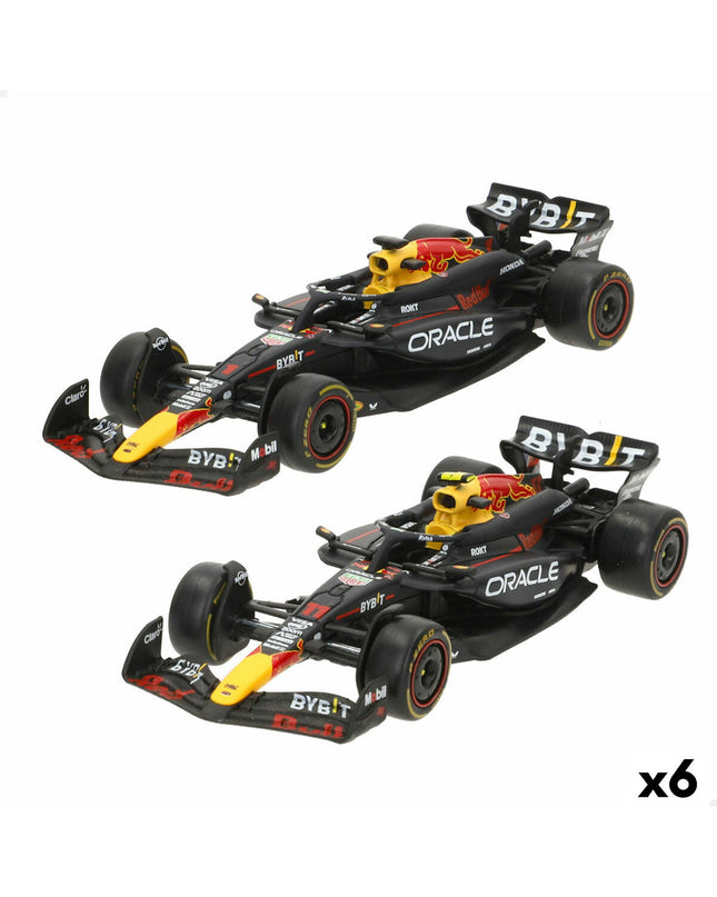 Six Red Bull F1 2024 RB20 toy cars, detailed miniature vehicles from the Red Bull racing team, for play and collection.