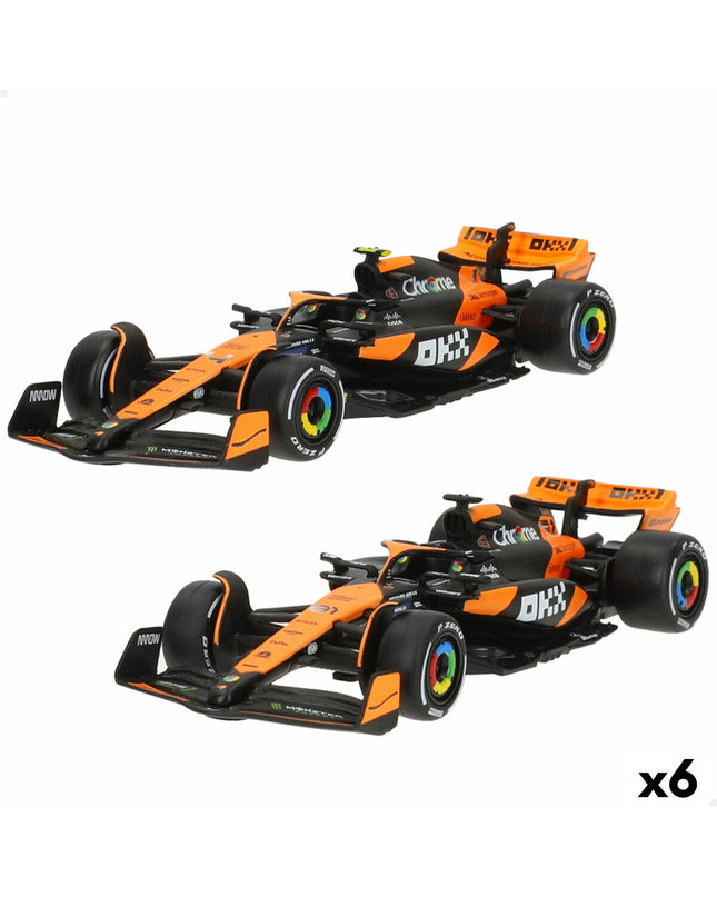 Six McLaren F1 2024 toy cars, detailed miniature vehicles for play and collection, in vibrant colors and realistic design.