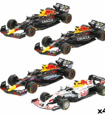 Set of four Red Bull Verstap toy cars, small colorful plastic vehicles for children’s play, featuring Red Bull branding.