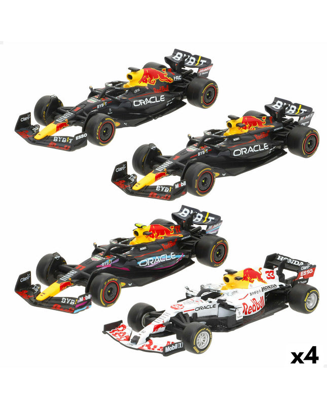 Set of four Red Bull Verstap toy cars, small colorful plastic vehicles for children’s play, featuring Red Bull branding.