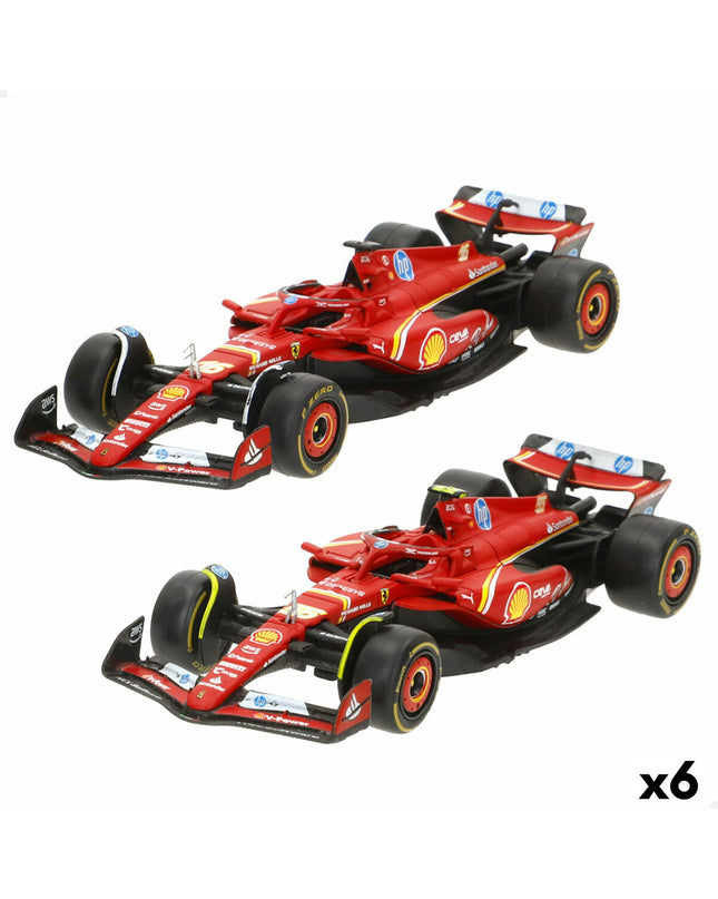 Set of six Ferrari F1 2024 toy cars, detailed miniature racing vehicles in red with Ferrari branding and sleek design.
