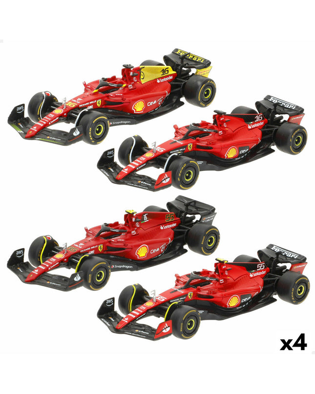 Set of four Ferrari Leclerc toy cars, colorful miniature vehicles for children, featuring detailed Ferrari branding and design.