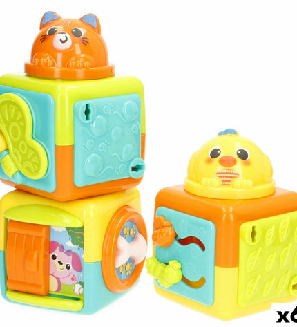 Winfun baby stacking blocks set with six colorful wooden blocks, measuring 8.5 x 25 x 8.5 cm, for young children’s play.